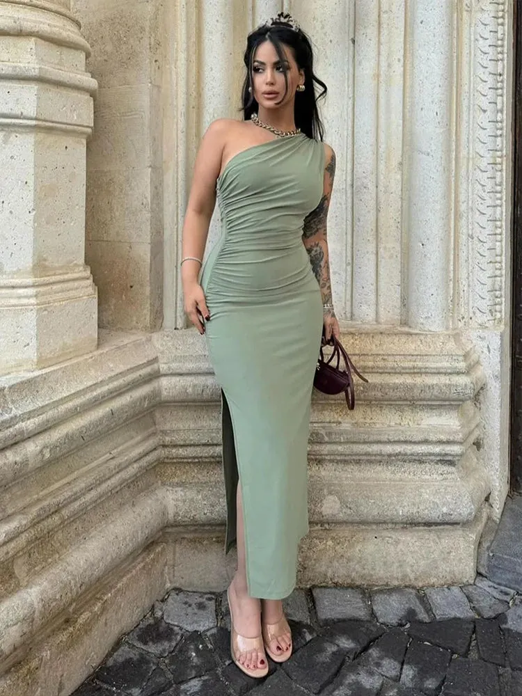 Split Fashion Solid Sleeveless Backless Slim Off Shoulder Maxi Sexy Dress