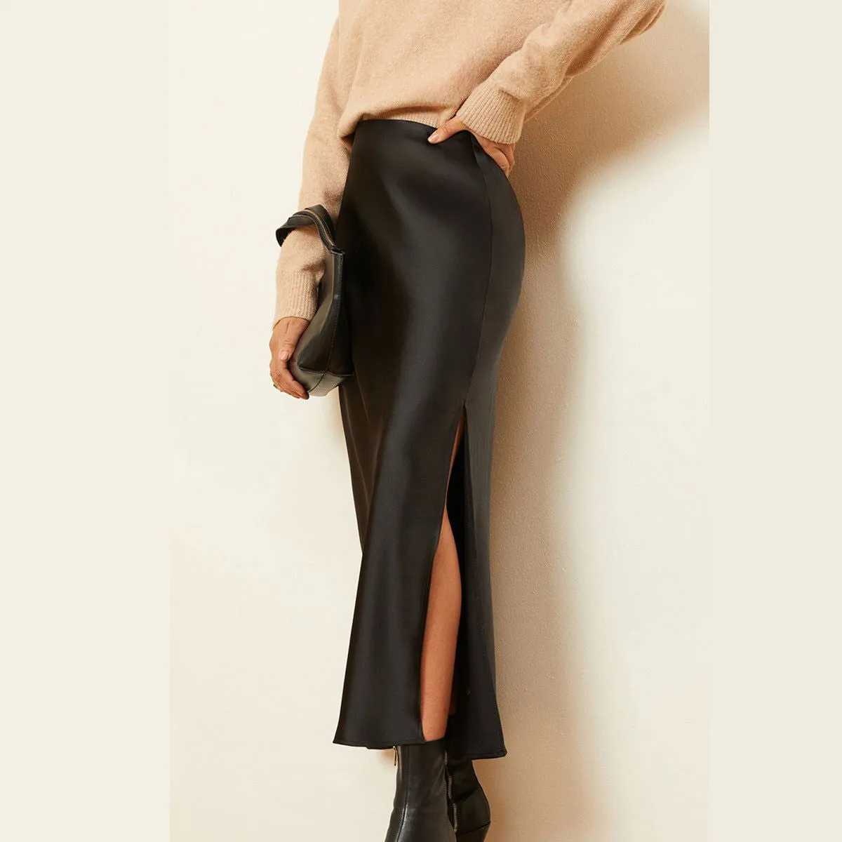 Spring Summer Acetate Satin Skirt High Waist Elastic High Quality Satin Slit Maxi Skirt Women Clothing