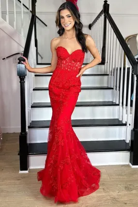 Strapless Mermaid Red Lace Long Prom Dress, Red Lace Formal Dress, Mermaid Red Evening Dress A1767