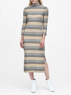 Stripe Luxespun Turtleneck Dress in Champagne & Gray Stripe