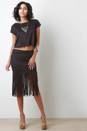 Suede Fringe Midi Skirt