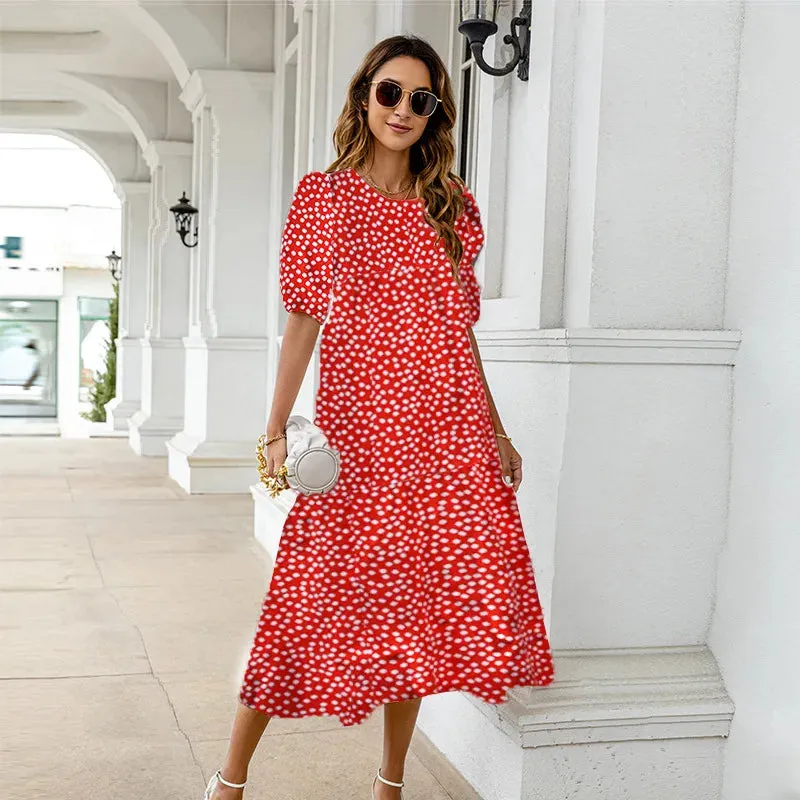 Summer Dress 2024 Women's Casual Short Sleeve Yellow Polka Dot Print Loose Peplum       Dress Puffy Sleeve Beach Dress Plus Size