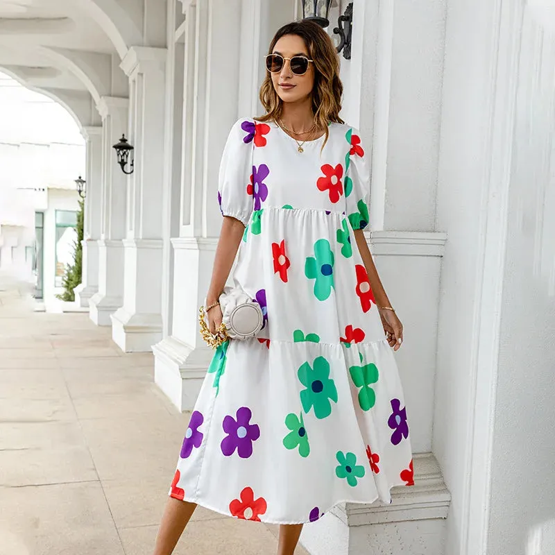 Summer Dress 2024 Women's Casual Short Sleeve Yellow Polka Dot Print Loose Peplum       Dress Puffy Sleeve Beach Dress Plus Size