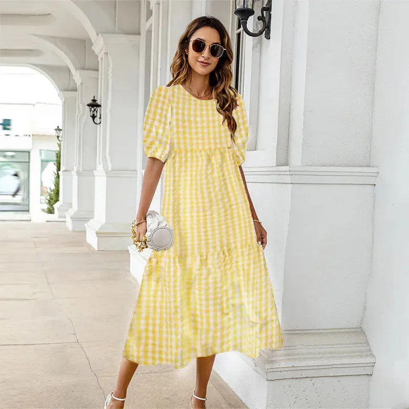 Summer Dress 2024 Women's Casual Short Sleeve Yellow Polka Dot Print Loose Peplum       Dress Puffy Sleeve Beach Dress Plus Size