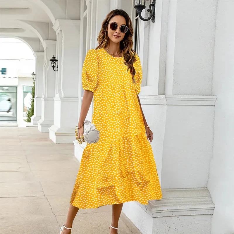 Summer Dress 2024 Women's Casual Short Sleeve Yellow Polka Dot Print Loose Peplum       Dress Puffy Sleeve Beach Dress Plus Size