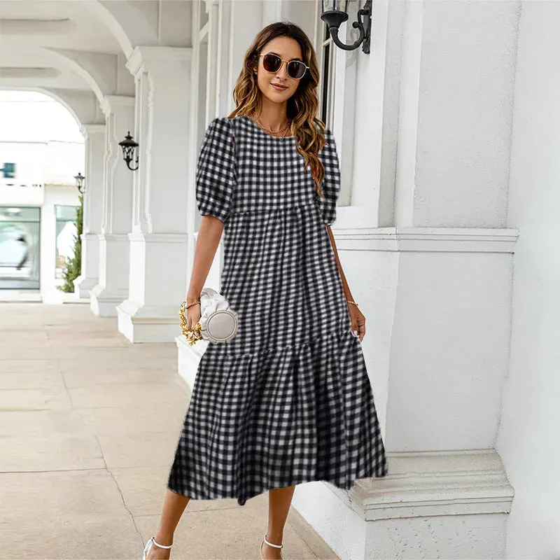 Summer Dress 2024 Women's Casual Short Sleeve Yellow Polka Dot Print Loose Peplum       Dress Puffy Sleeve Beach Dress Plus Size