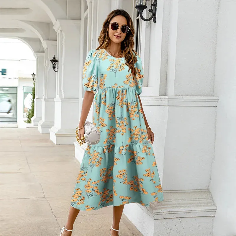 Summer Dress 2024 Women's Casual Short Sleeve Yellow Polka Dot Print Loose Peplum       Dress Puffy Sleeve Beach Dress Plus Size