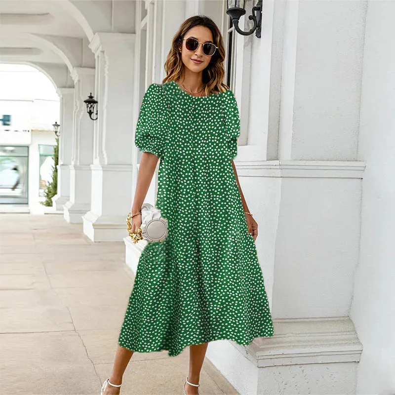 Summer Dress 2024 Women's Casual Short Sleeve Yellow Polka Dot Print Loose Peplum       Dress Puffy Sleeve Beach Dress Plus Size