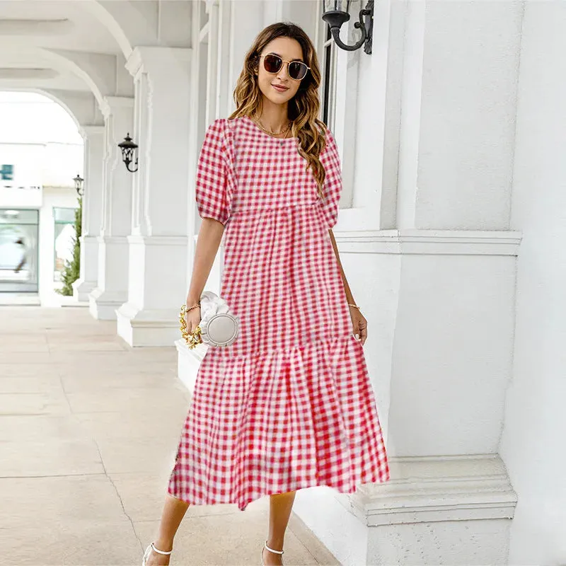 Summer Dress 2024 Women's Casual Short Sleeve Yellow Polka Dot Print Loose Peplum       Dress Puffy Sleeve Beach Dress Plus Size