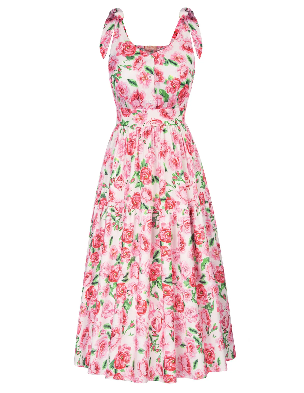 Sunflower Printed Tiered Midi Dress Sleeveless V-Neck Defined Waist A-Line Dress