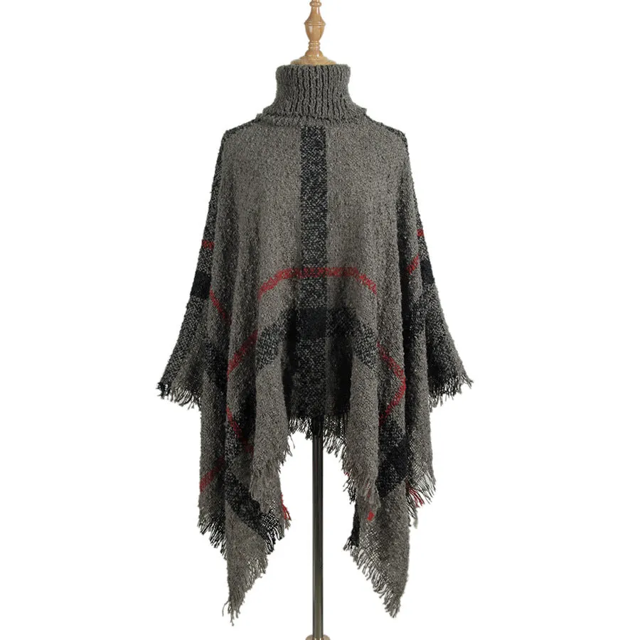 Sweater women's mid-length high collar fringe cape loose large size knit