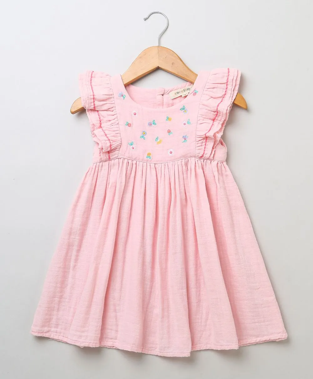 Sweetlime By As Baby pink embroidery yoke double cloth organic dress- Baby Pink