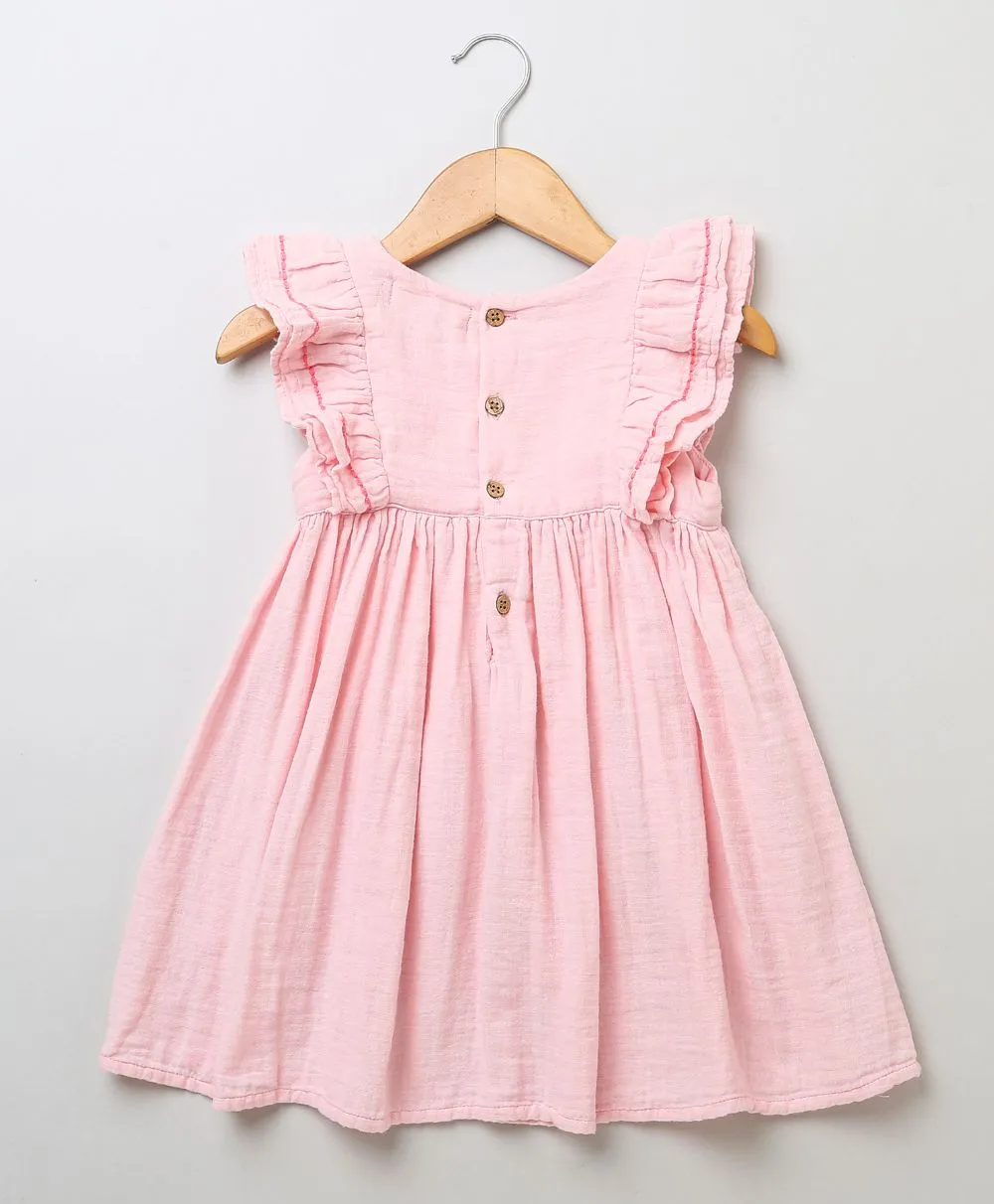 Sweetlime By As Baby pink embroidery yoke double cloth organic dress- Baby Pink