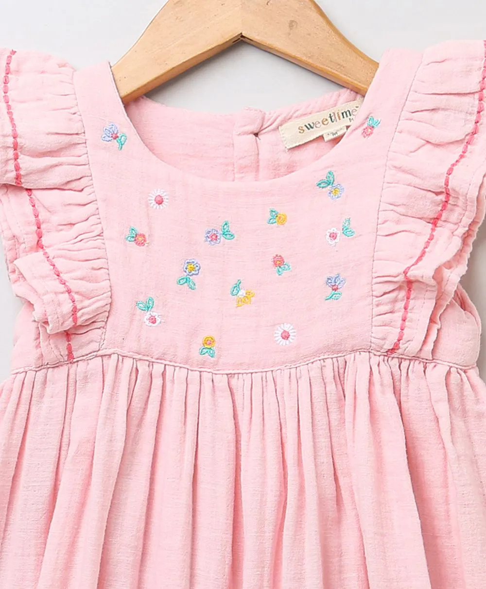 Sweetlime By As Baby pink embroidery yoke double cloth organic dress- Baby Pink