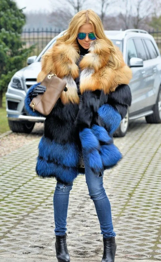 Thick Gold Black Blue Real Fox Fur Coat