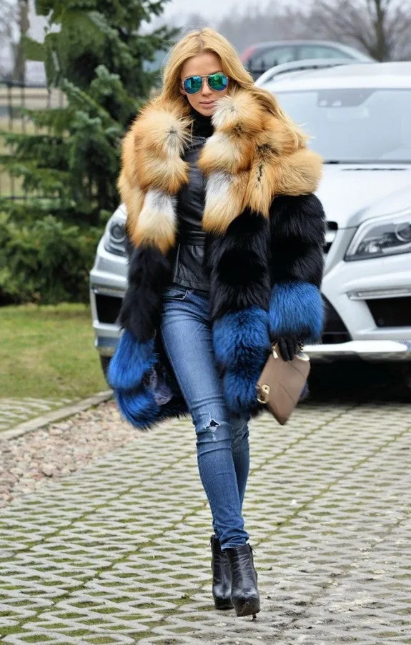 Thick Gold Black Blue Real Fox Fur Coat