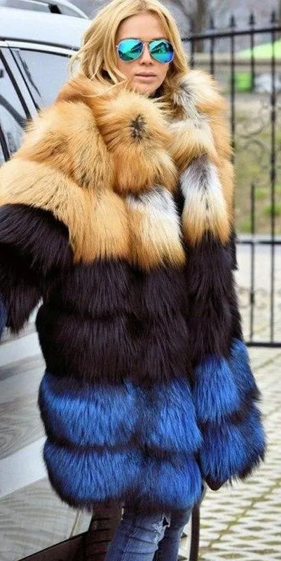 Thick Gold Black Blue Real Fox Fur Coat