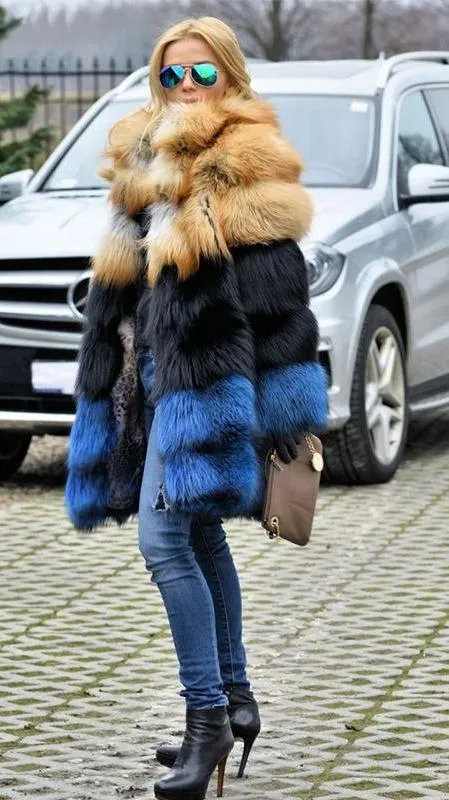 Thick Gold Black Blue Real Fox Fur Coat