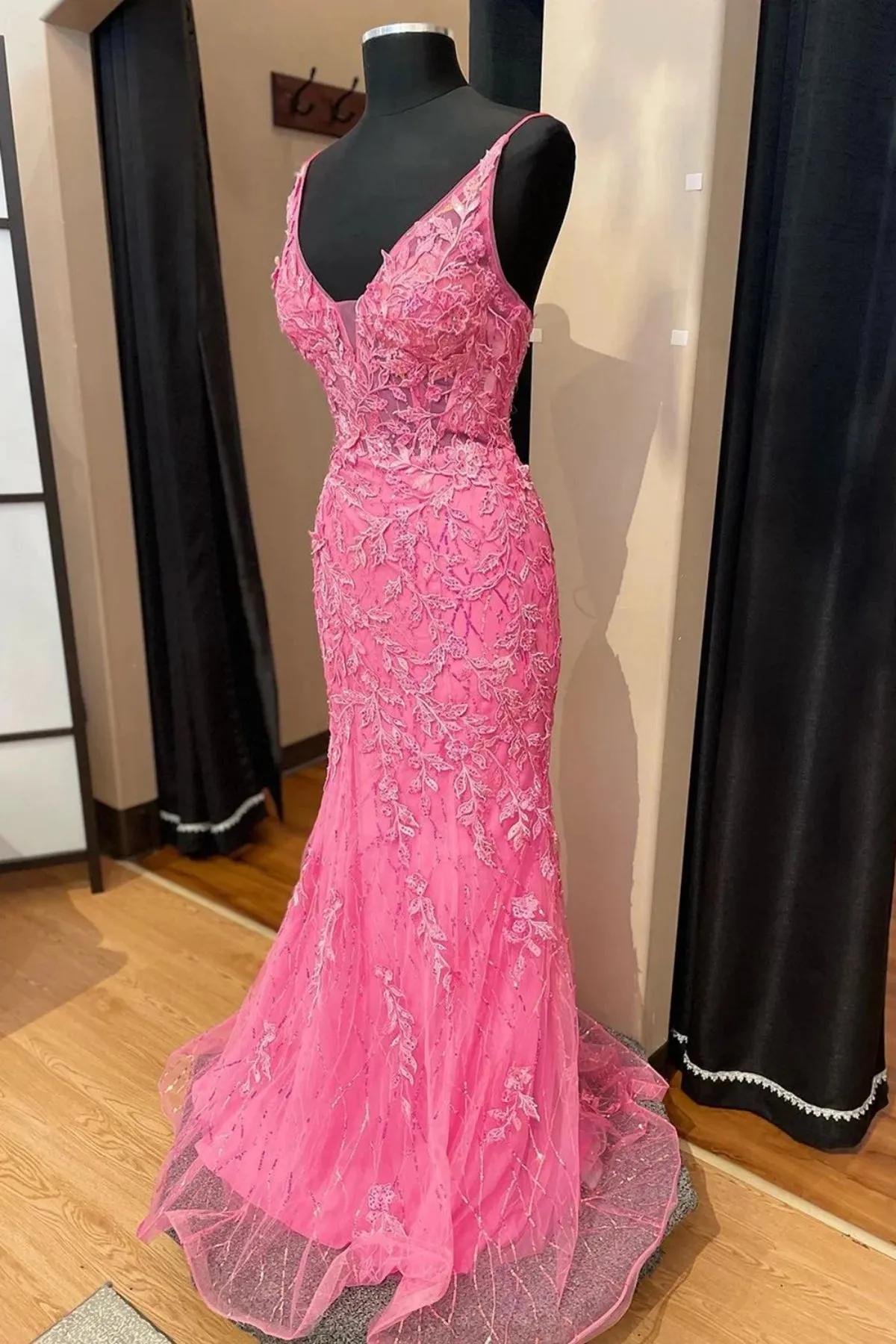 V Neck Mermaid Pink Lace Long Prom Dress, Mermaid Pink Formal Dress, Pink Lace Evening Dress A2073