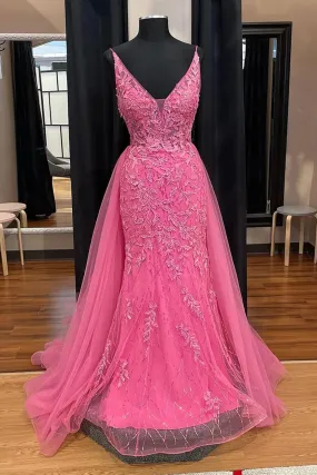 V Neck Mermaid Pink Lace Long Prom Dress, Mermaid Pink Formal Dress, Pink Lace Evening Dress A2073