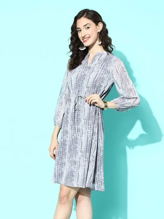 varanga grey off white abstract print puff sleeves georgette a line dress