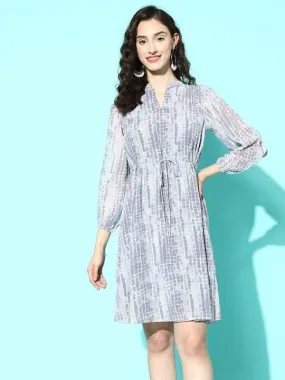 varanga grey off white abstract print puff sleeves georgette a line dress