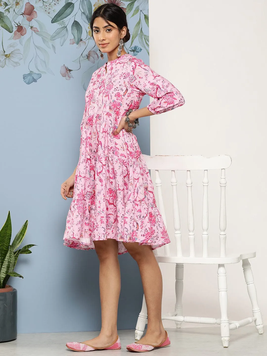 Varanga Pink & Blue Floral A-Line Dress