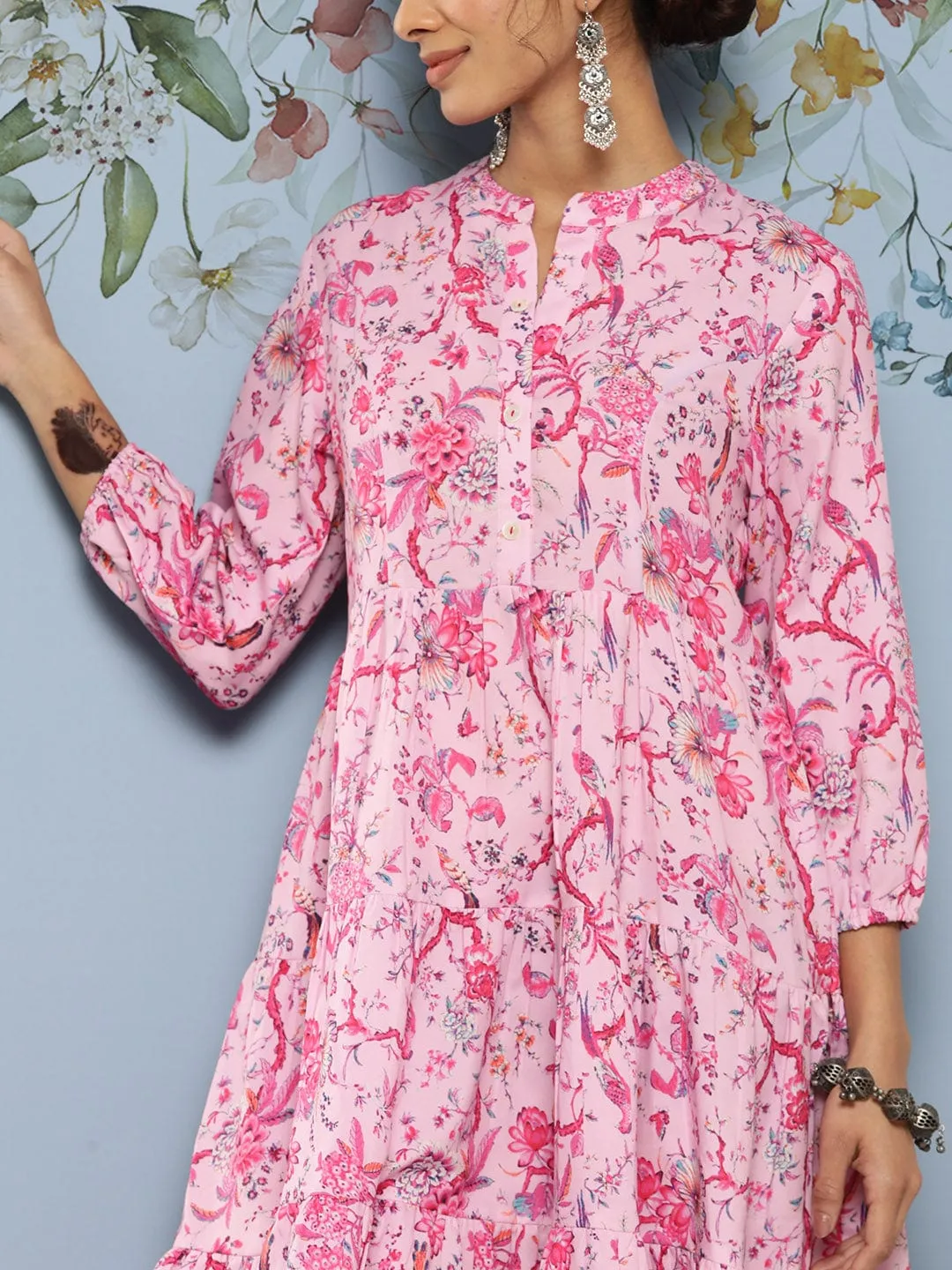 Varanga Pink & Blue Floral A-Line Dress