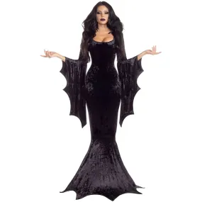 Velvet Cosplay Gown Women Mermaid Vintage Black Halloween Morticia Gothic Dress-up