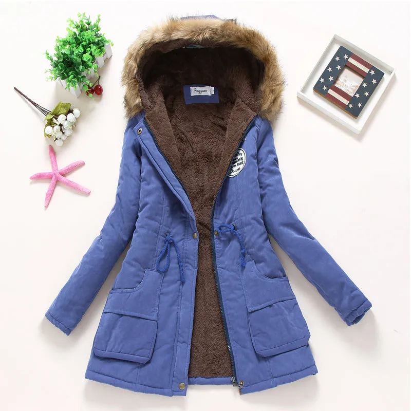 VenusFox long warm hooded cotton fur basic jacket plus size