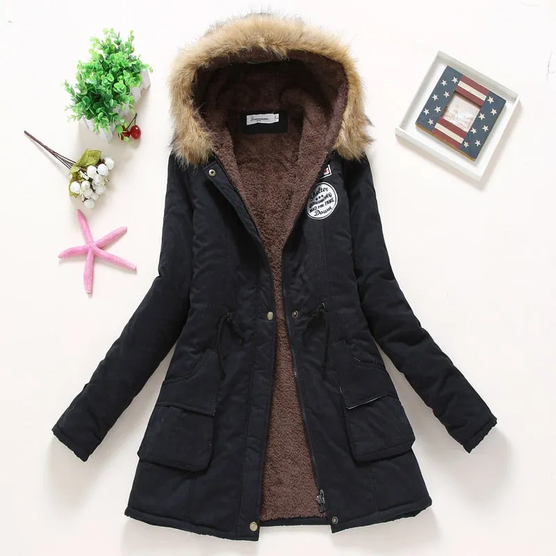 VenusFox long warm hooded cotton fur basic jacket plus size