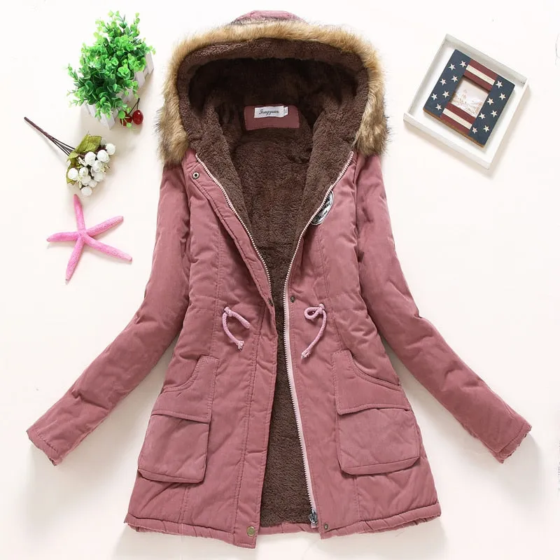 VenusFox long warm hooded cotton fur basic jacket plus size