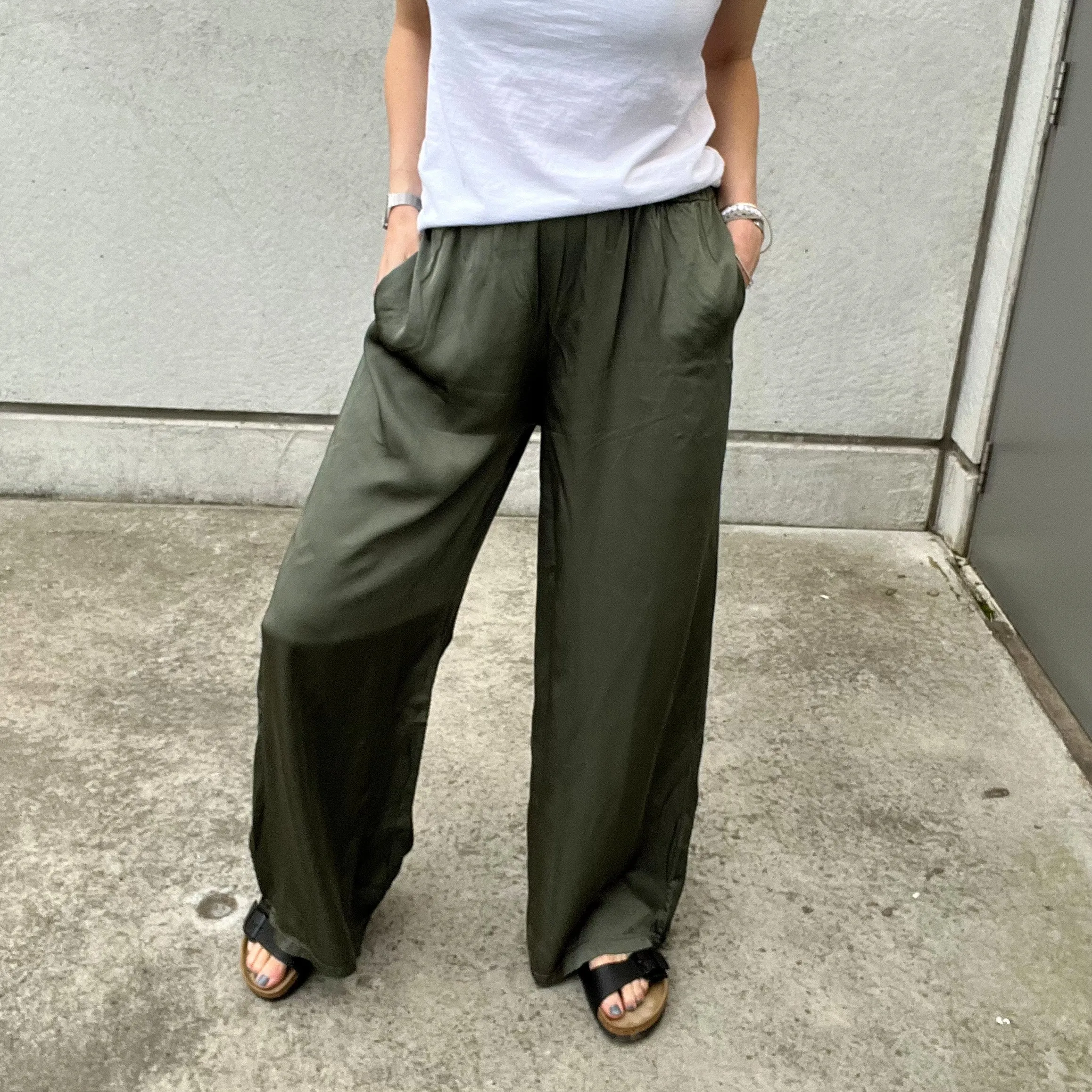 Verona FOREST KHAKI satin palazzos pants *NEW*