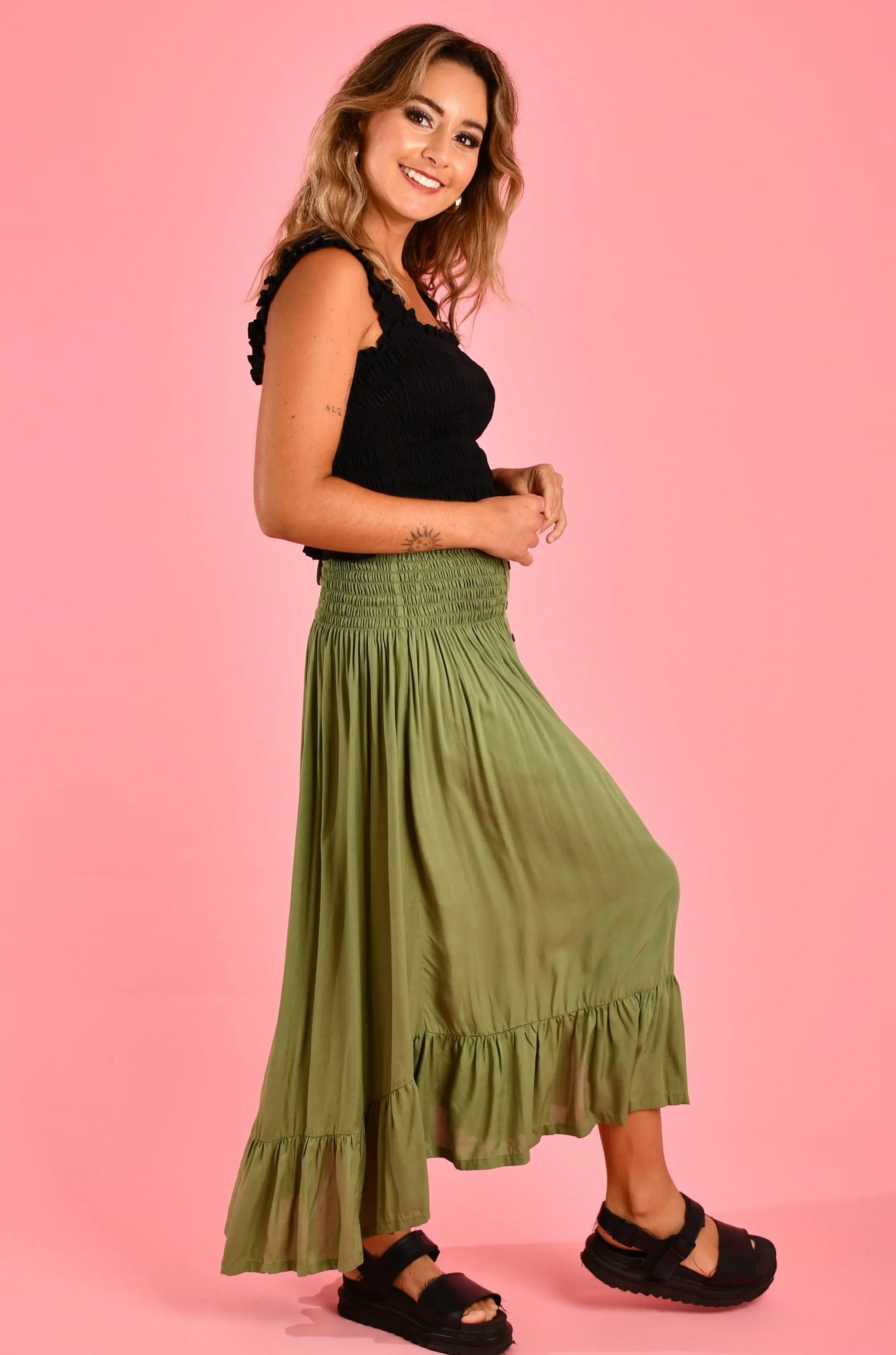 VGLK050 - ROUCHED MIDI SKIRT - SOFT KHAKI