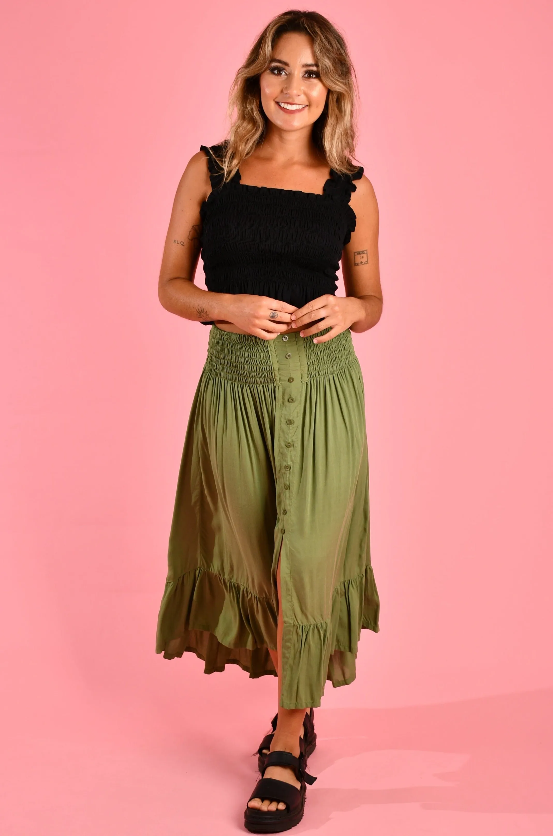 VGLK050 - ROUCHED MIDI SKIRT - SOFT KHAKI