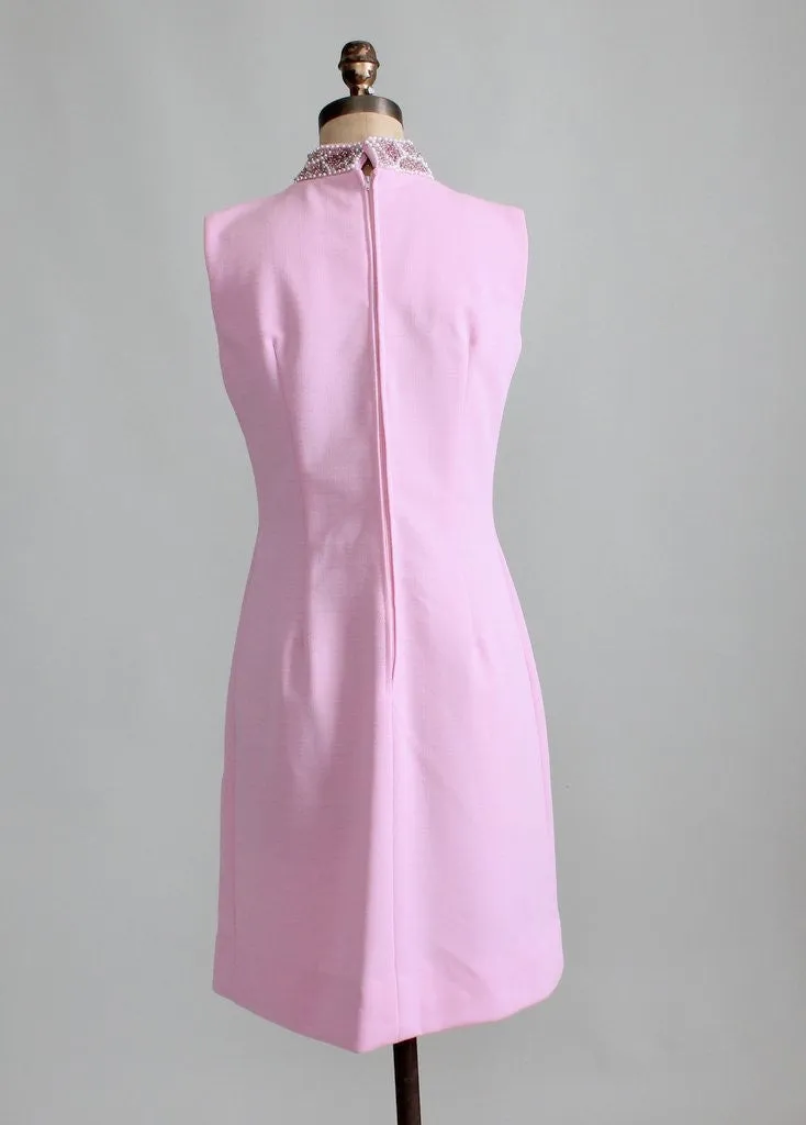 Vintage 1960s MOD Beaded Collar Pink Party Dress