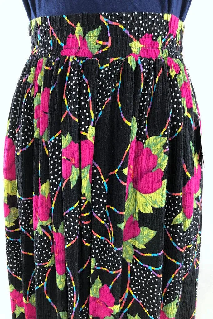 Vintage 1980s Black Rainbow Floral Skirt