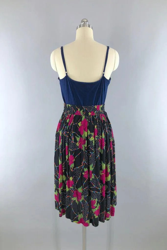 Vintage 1980s Black Rainbow Floral Skirt