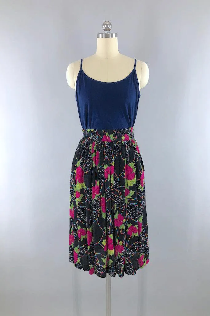 Vintage 1980s Black Rainbow Floral Skirt