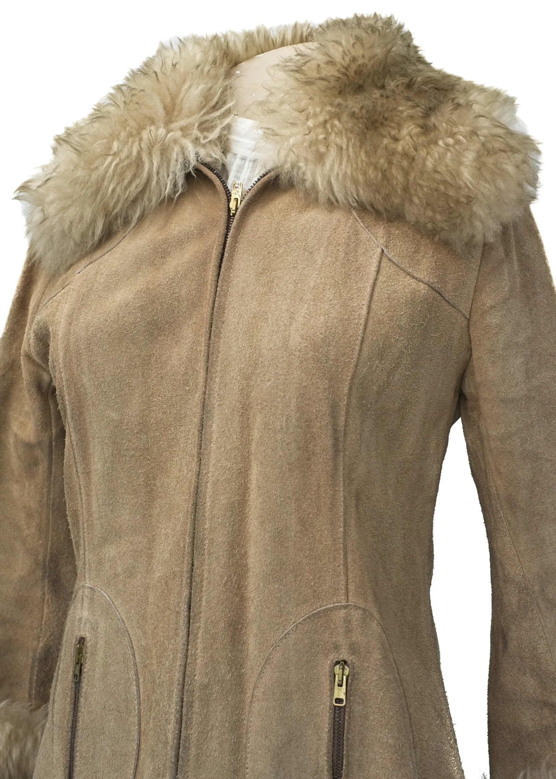 Vintage 70s Beige Suede Penny Lane Jacket • Sheepskin Collar Cuffs