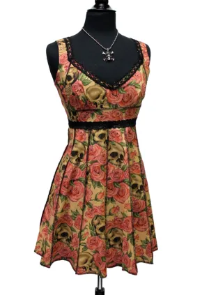 VINTAGE STYLE COCKTAIL DRESS - SKULL AND ROSE PRINT