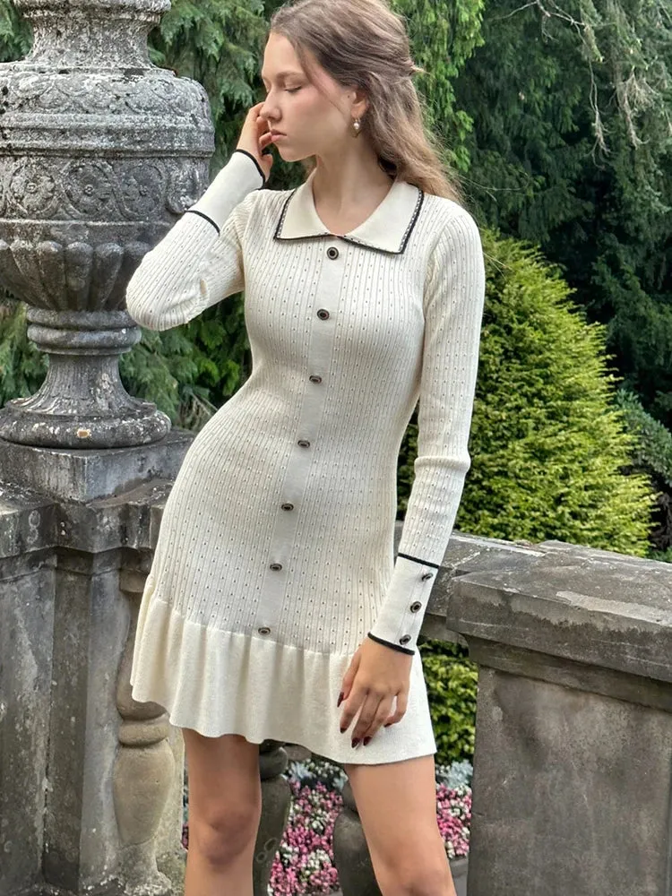 Wenkouban-Black Friday Christmas Party Outfits  Knitted Turn-down Collar Button Women Dress White Long Sleeve High Waist Dress Female Autumn Slim Casual Party Clubwear