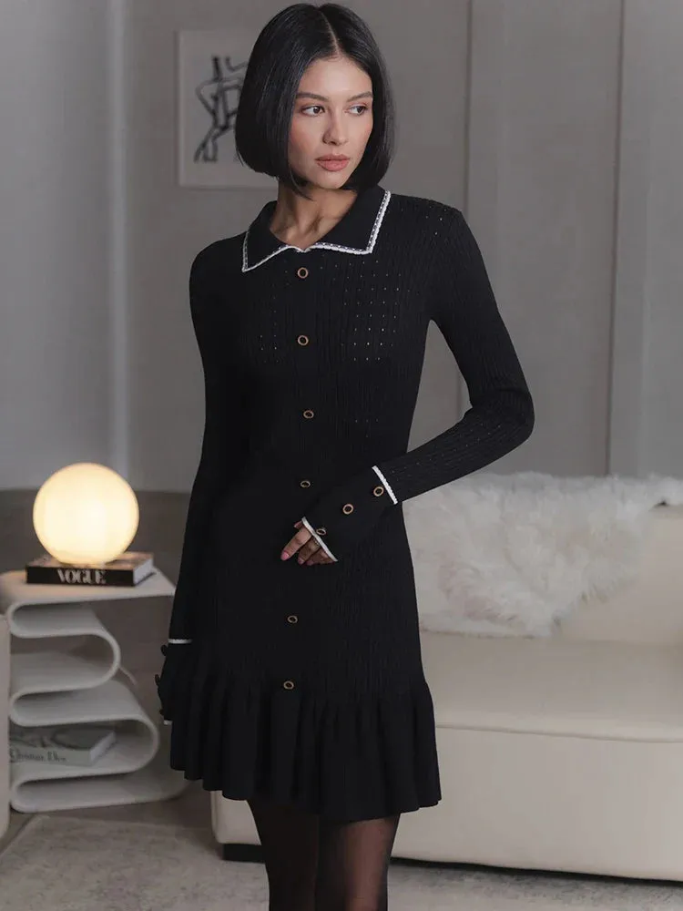 Wenkouban-Black Friday Christmas Party Outfits  Knitted Turn-down Collar Button Women Dress White Long Sleeve High Waist Dress Female Autumn Slim Casual Party Clubwear