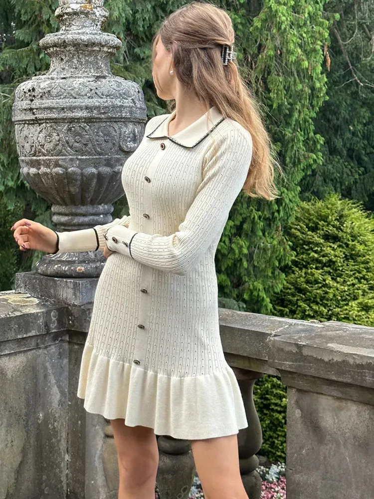 Wenkouban-Black Friday Christmas Party Outfits  Knitted Turn-down Collar Button Women Dress White Long Sleeve High Waist Dress Female Autumn Slim Casual Party Clubwear