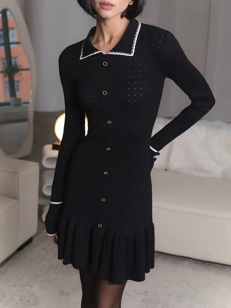 Wenkouban-Black Friday Christmas Party Outfits  Knitted Turn-down Collar Button Women Dress White Long Sleeve High Waist Dress Female Autumn Slim Casual Party Clubwear