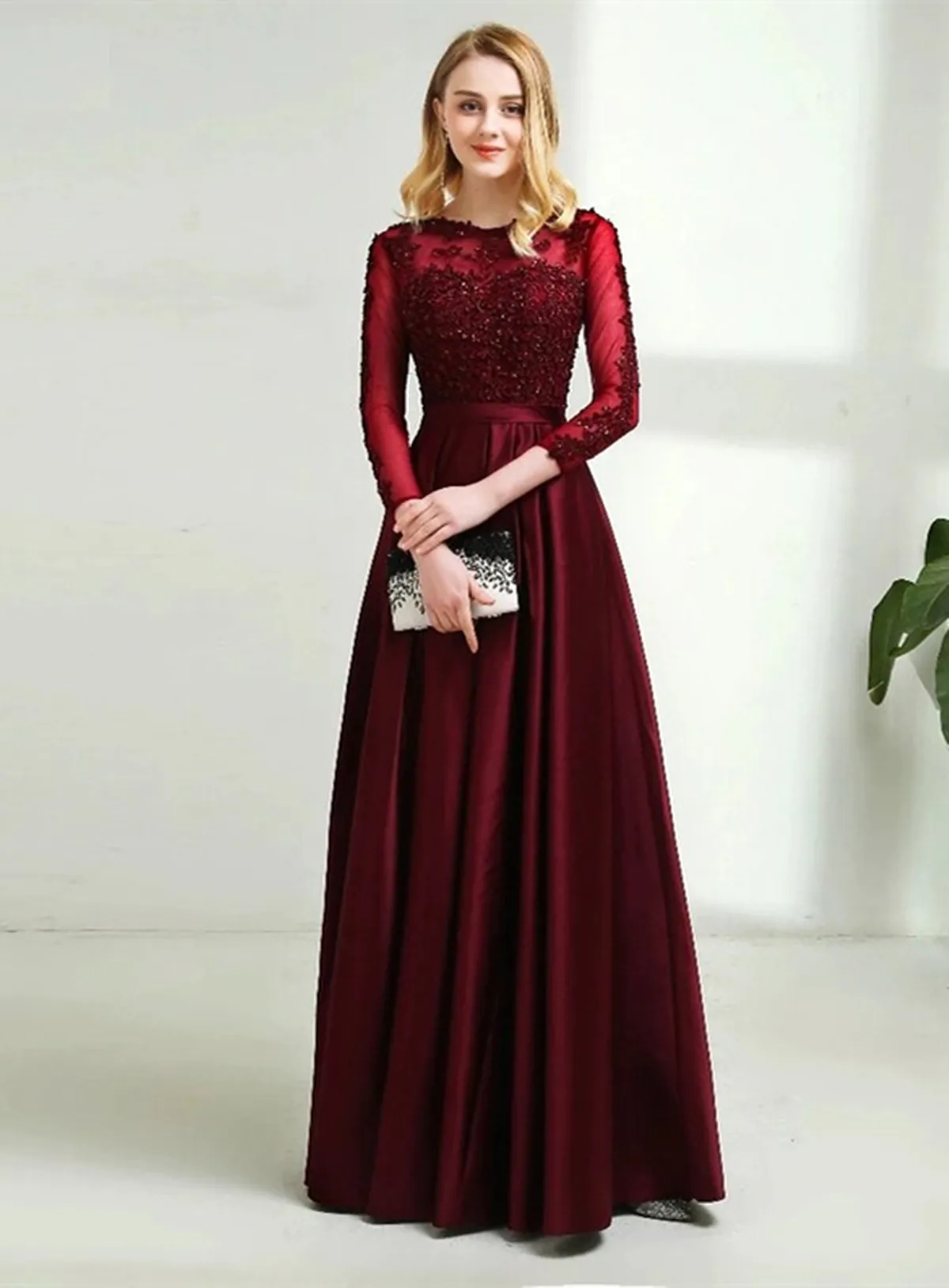 Wine Red Satin and Lace Round Neckline Bridesmaid Dress, Wine Red Tulle Formal Dress