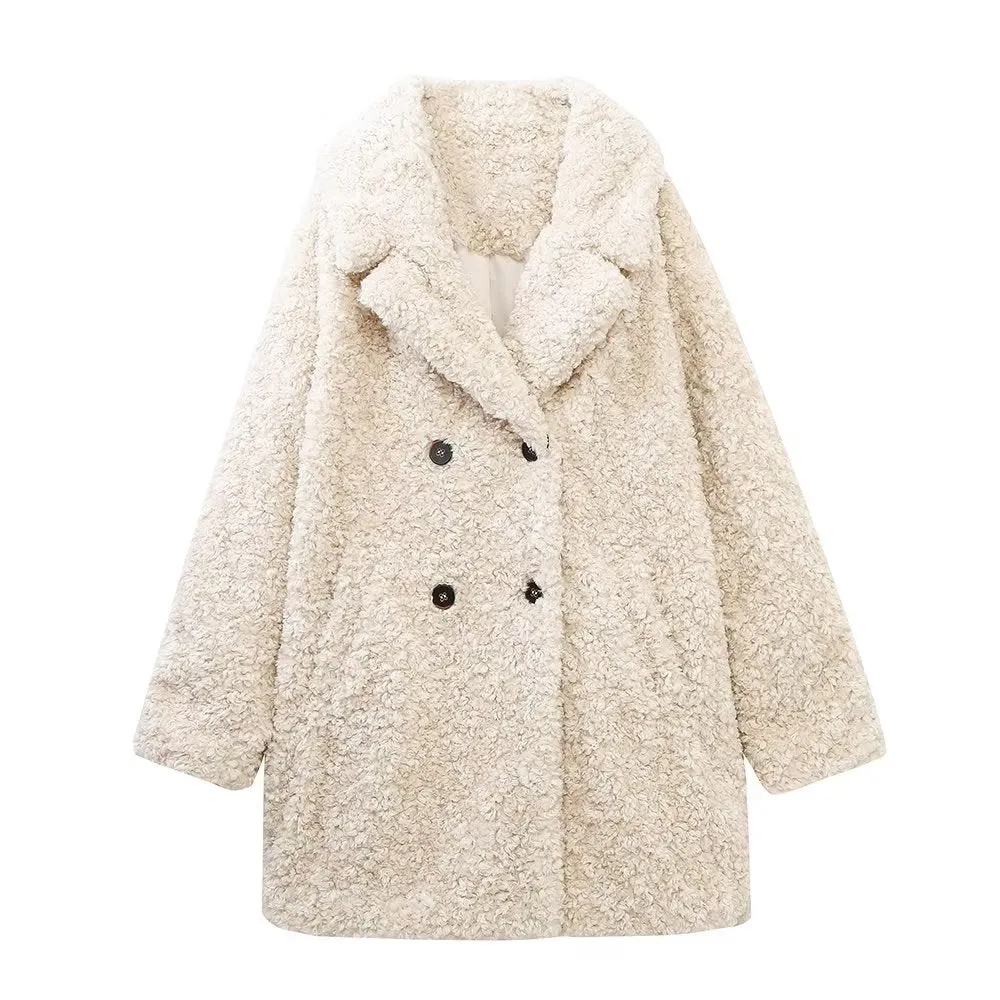 Winter Polo Collar Warm Artificial Fur Effect Lamb Wool Fleece Coat Jacket