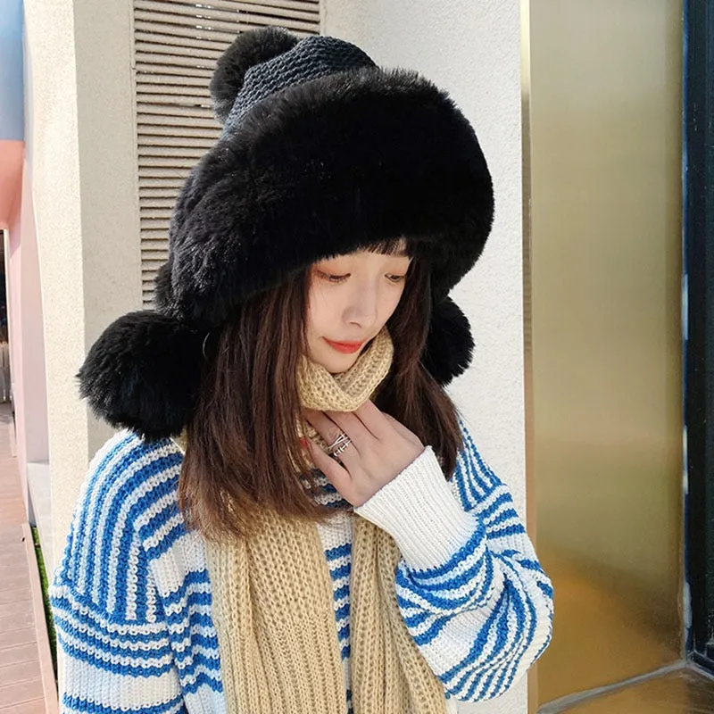 Winter Women's Bomber Hat with Pompom Ponytail Faux Fox Fur Earflap Hats Warm Soft Russian Ushanka Thicken Trapper Snow Ski Cap