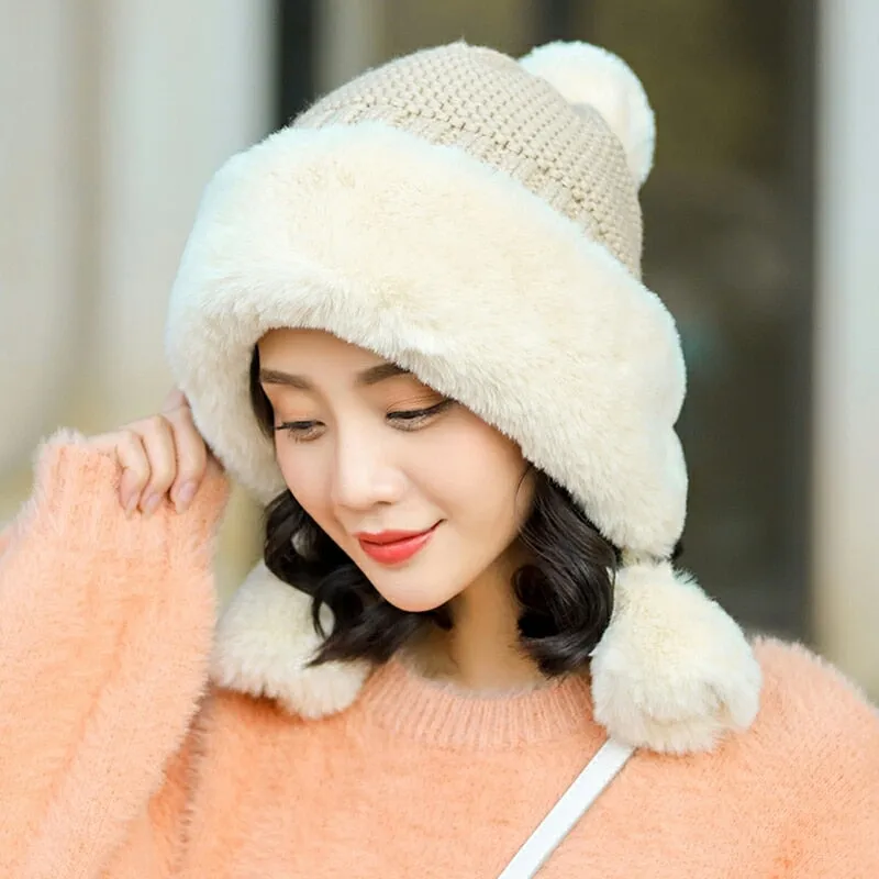 Winter Women's Bomber Hat with Pompom Ponytail Faux Fox Fur Earflap Hats Warm Soft Russian Ushanka Thicken Trapper Snow Ski Cap