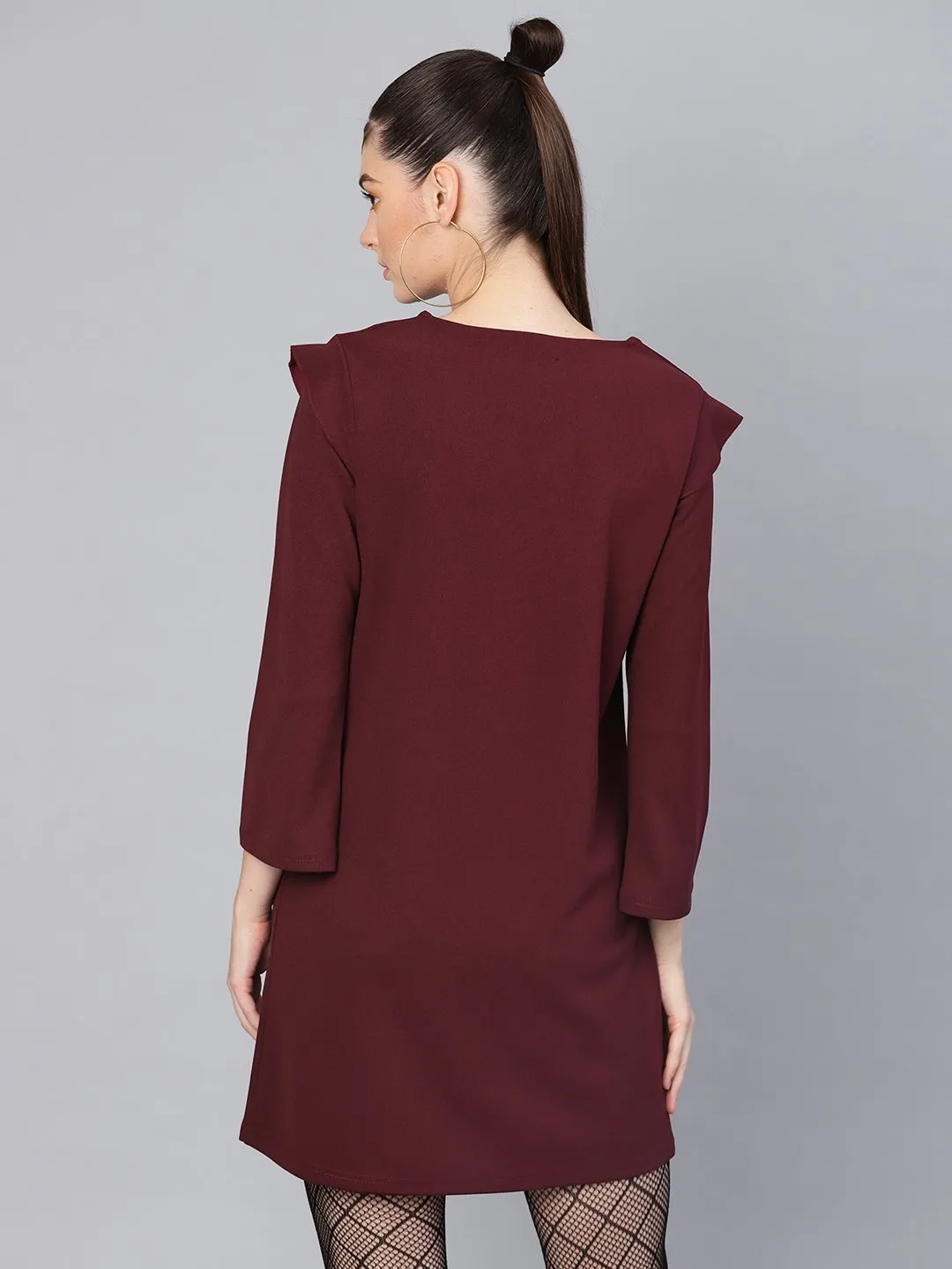 Women Burgundy V-Neck Shift Dress